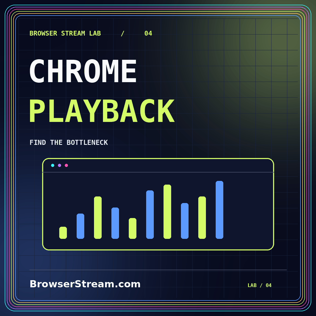 Fix Chrome video buffering with better tests — neon typography and playback signal bars illustration, branded BrowserStream.com.