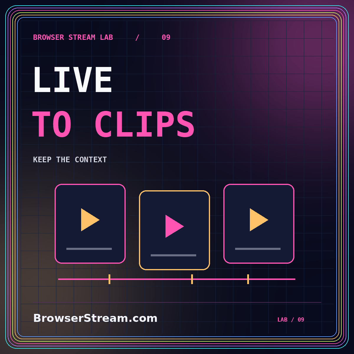 From livestream to social clips—without losing context — neon typography and clip timeline illustration, branded BrowserStream.com.