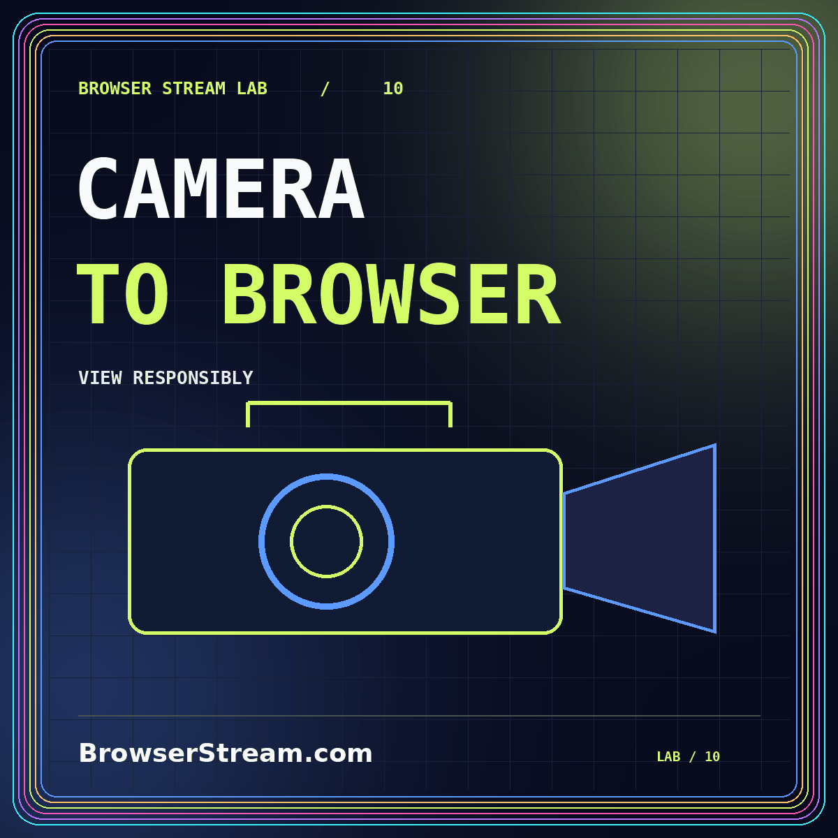 Security camera browser viewing: protect the path — neon typography and authorized camera view illustration, branded BrowserStream.com.